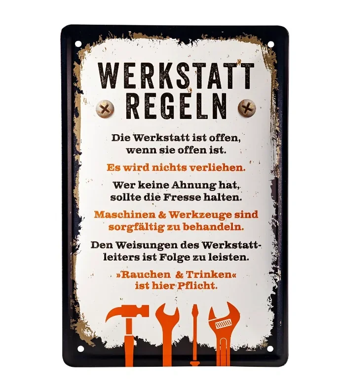 Metalen bord "Werkplaatsregels"