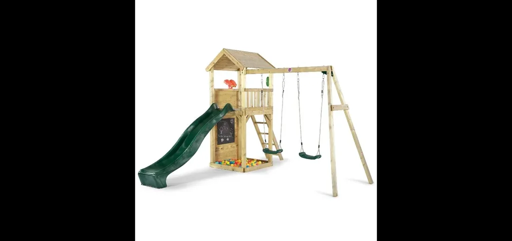 Wooden observation tower with double swing, outdoor play tower, climbing wall, slide, sandpit, chalkboard, natural
