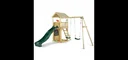 Wooden observation tower with double swing, outdoor play tower, climbing wall, slide, sandpit, chalkboard, natural