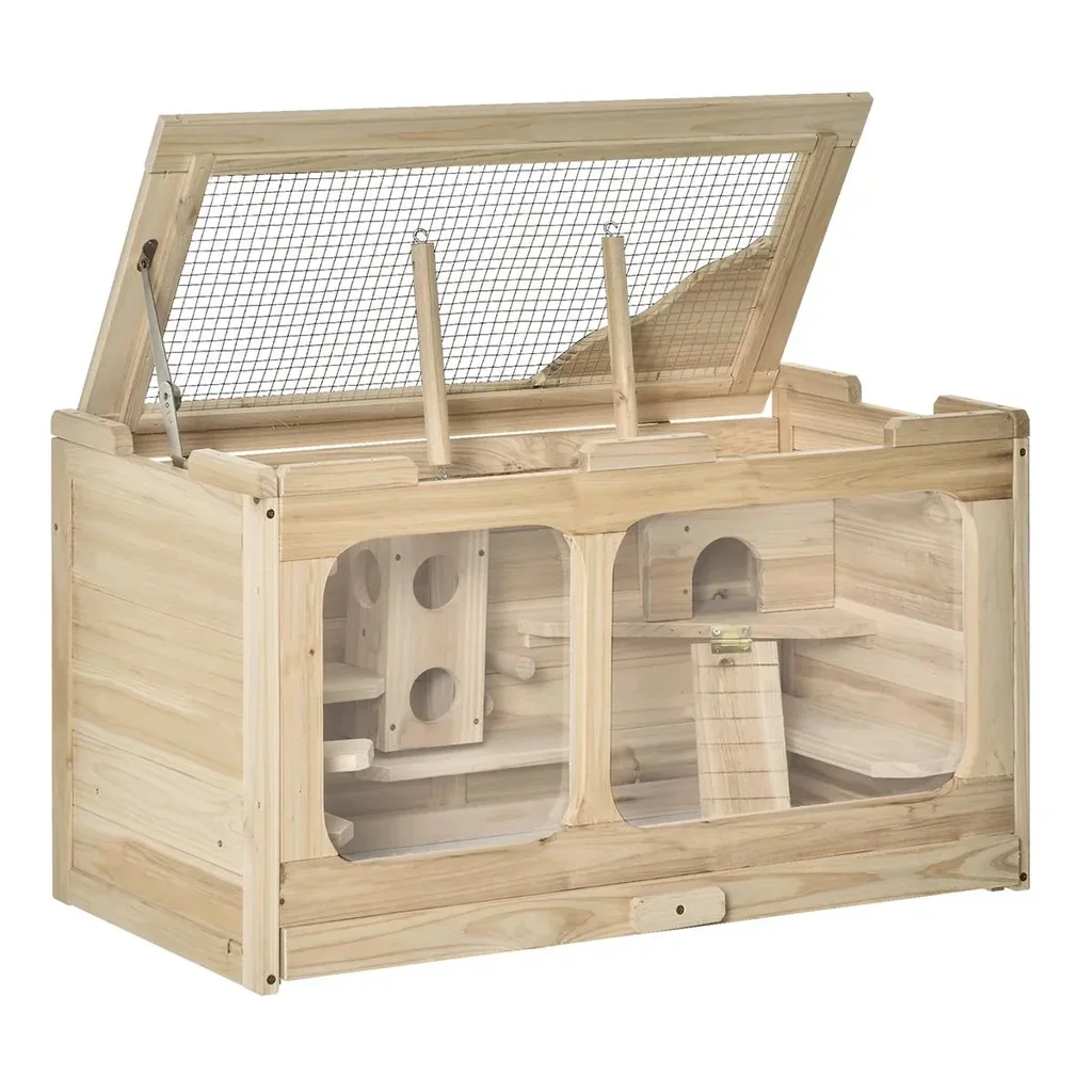 Hamster cage wooden rodent cage mouse cage with ramp swing rodent villa top hinged solid wood PS natural 78 x 40 x 44