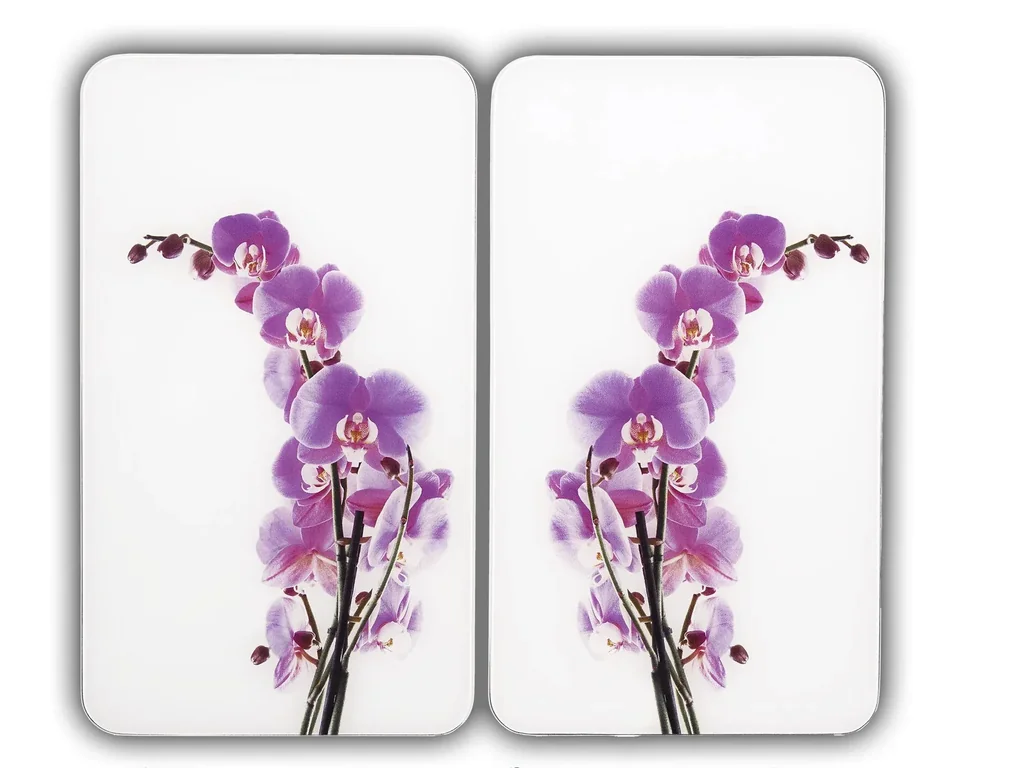 3-in-1 stove cover plates, cutting boards, worktops, glass, orchid design, each 52 x 30 cm, set of 2