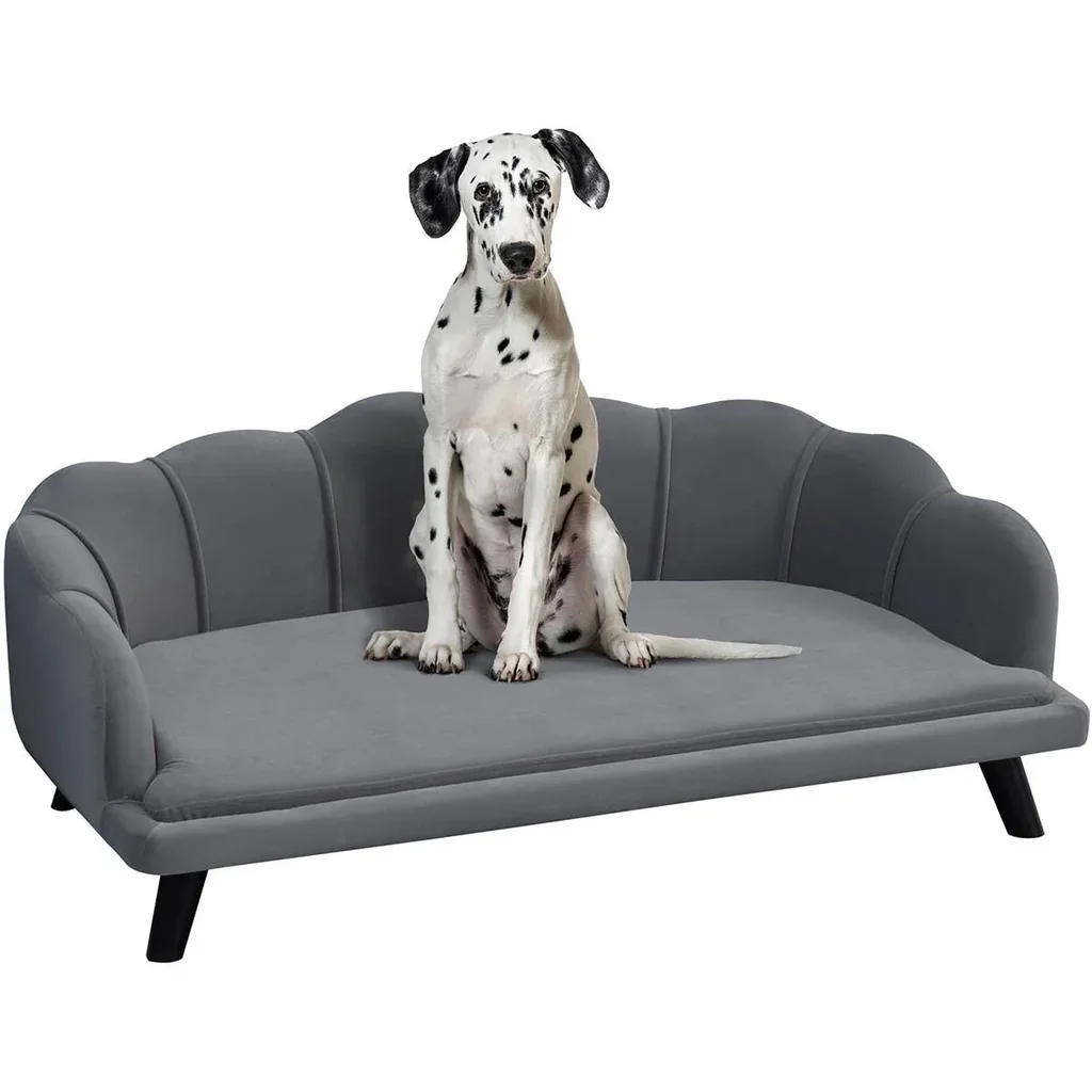 Dog sofa with backrest, pet sofa with wooden legs, dog bed with soft cover, cat sofa, dark grey 98.5 x 60.5 x 35.5 cm