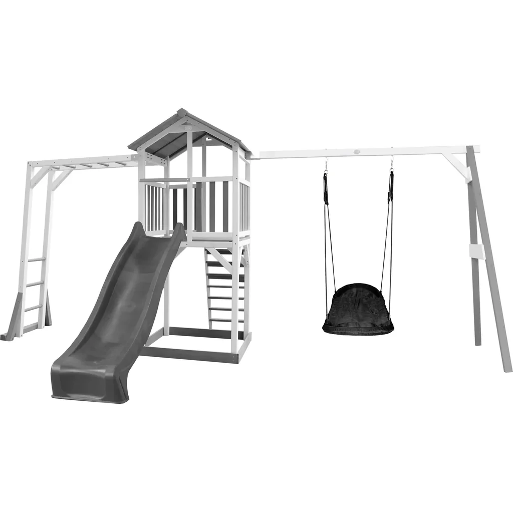 Beach Tower play tower with climbing frame and Roxy nest swing - grey slide