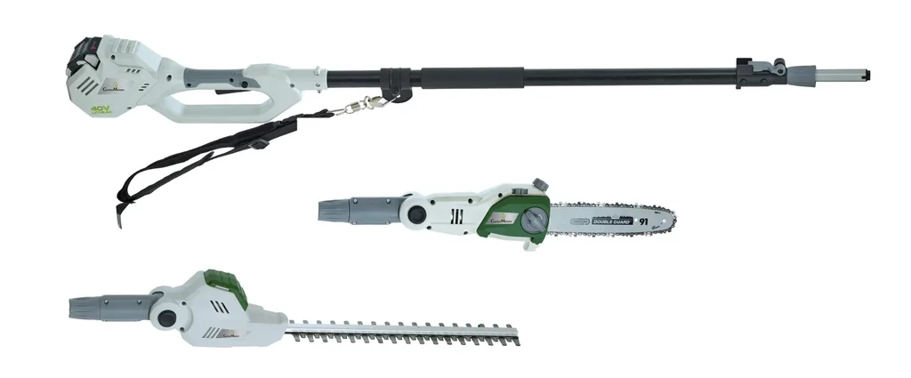 Cordless telescopic 3-in-1 garden set - consisting of hedge trimmer and chainsaw attachment with battery and charger