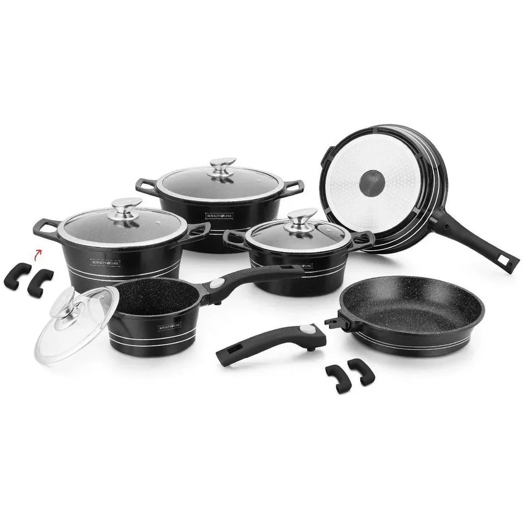 Marble-coated pots and pans - 14 pieces - Black
