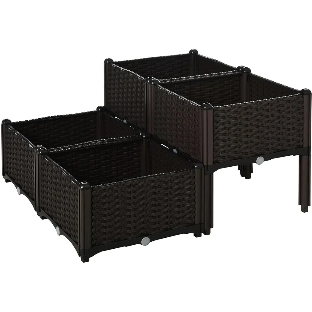 4-piece raised bed in rattan look, dark brown