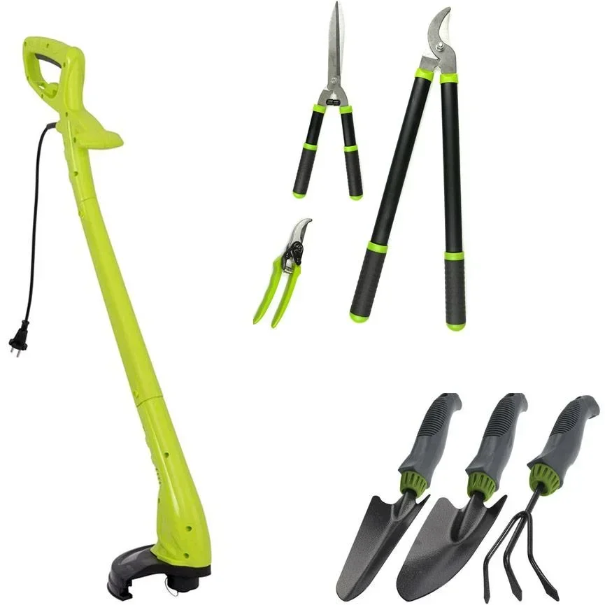 Complete 7-piece garden set with grass trimmer, hedge trimmer and small garden tools