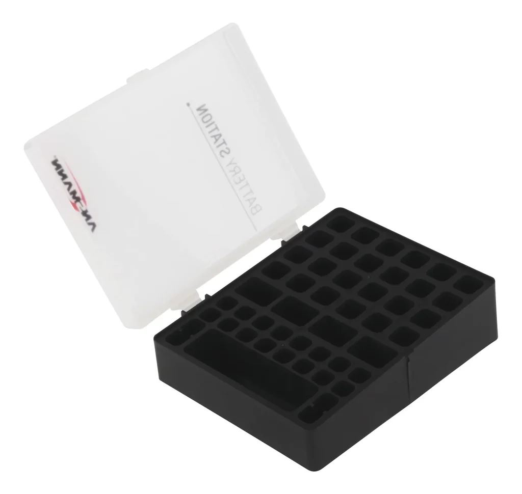 Storage box for up to 44 batteries and rechargeable batteries