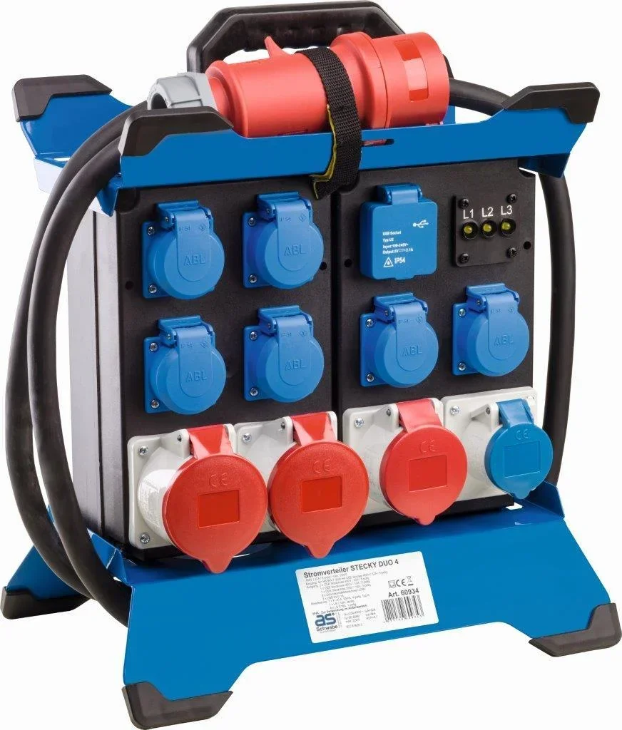 Power distributor Stecky DUO 4, 6x protective contact, 1x CEE400V16A 2xCEE400V32A, 1xCEE 230V3-pin, 2x USB, phase indicator, FI40A, 3.4m