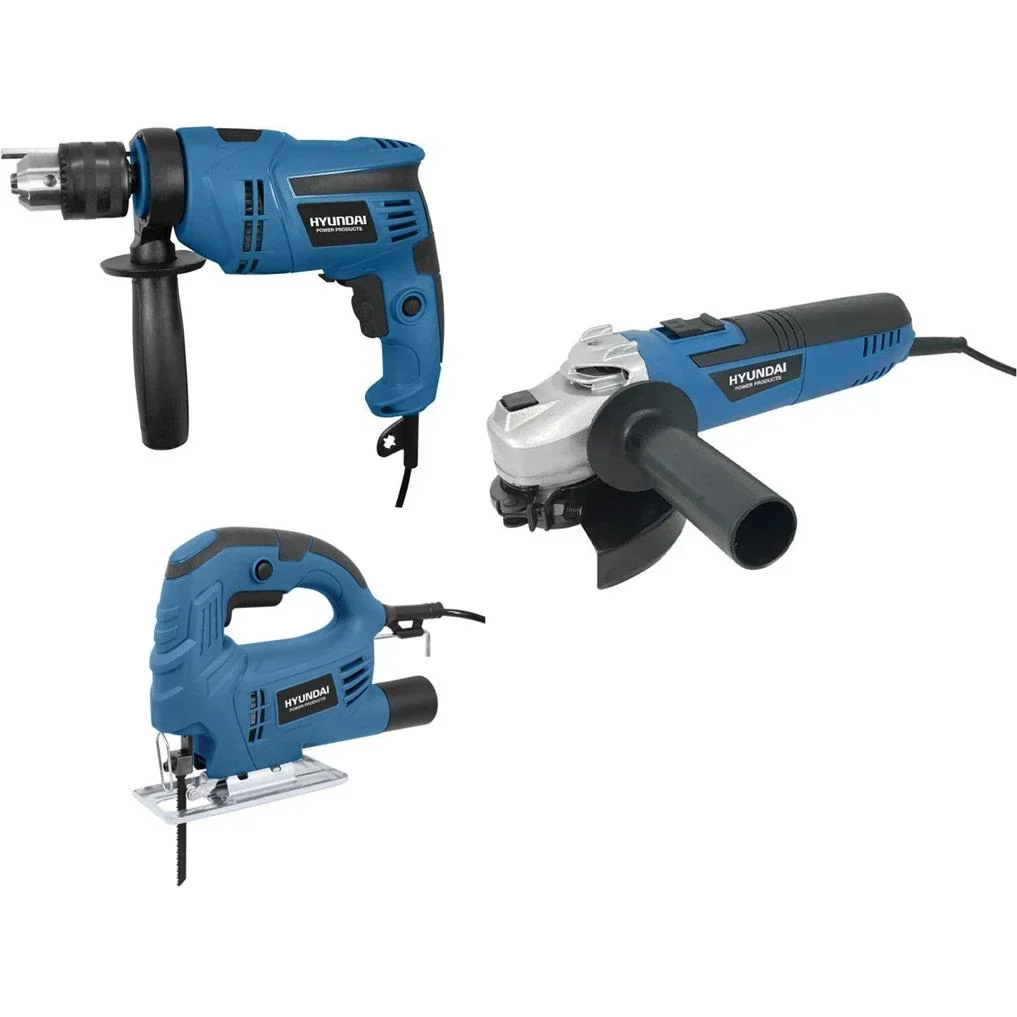 Power tool set: impact drill, jigsaw and angle grinder