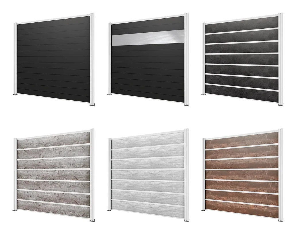 Privacy screen base element, white, 2.02 x 1.86 m, WPC boards grey