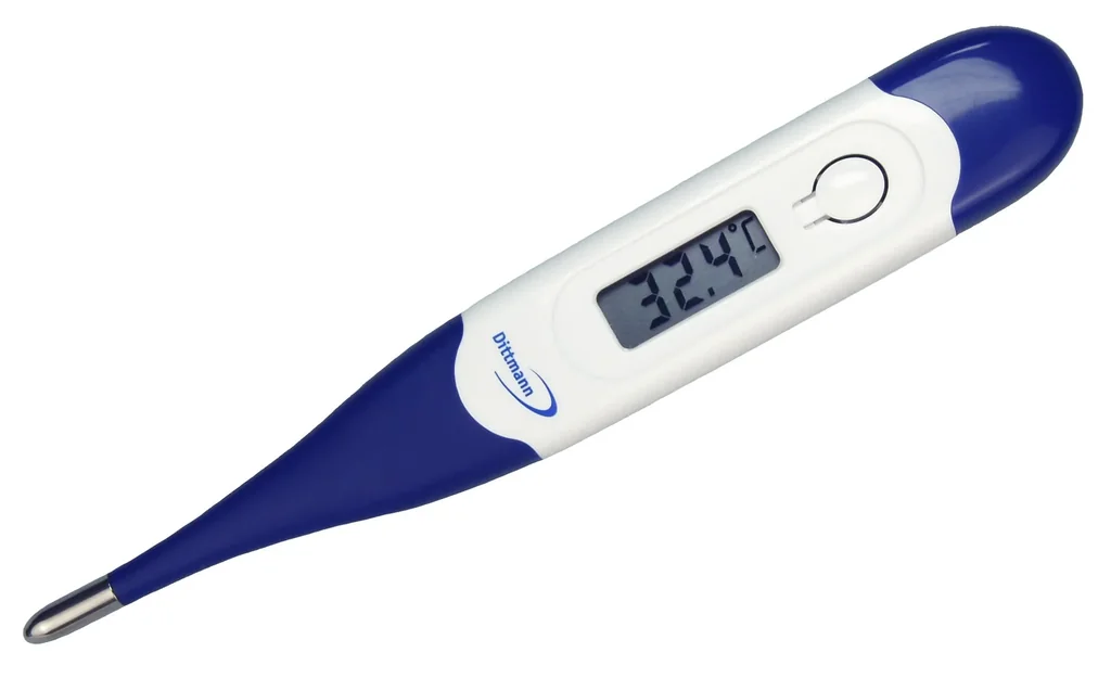 Rod thermometer in transparent box