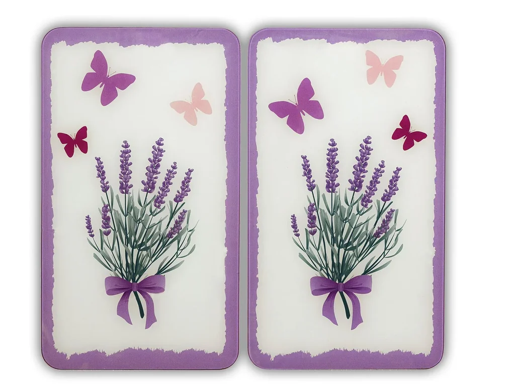 3-in-1 stove cover plates, cutting boards, worktops, glass, lavender bouquet design, each 52 x 30 cm, set of 2