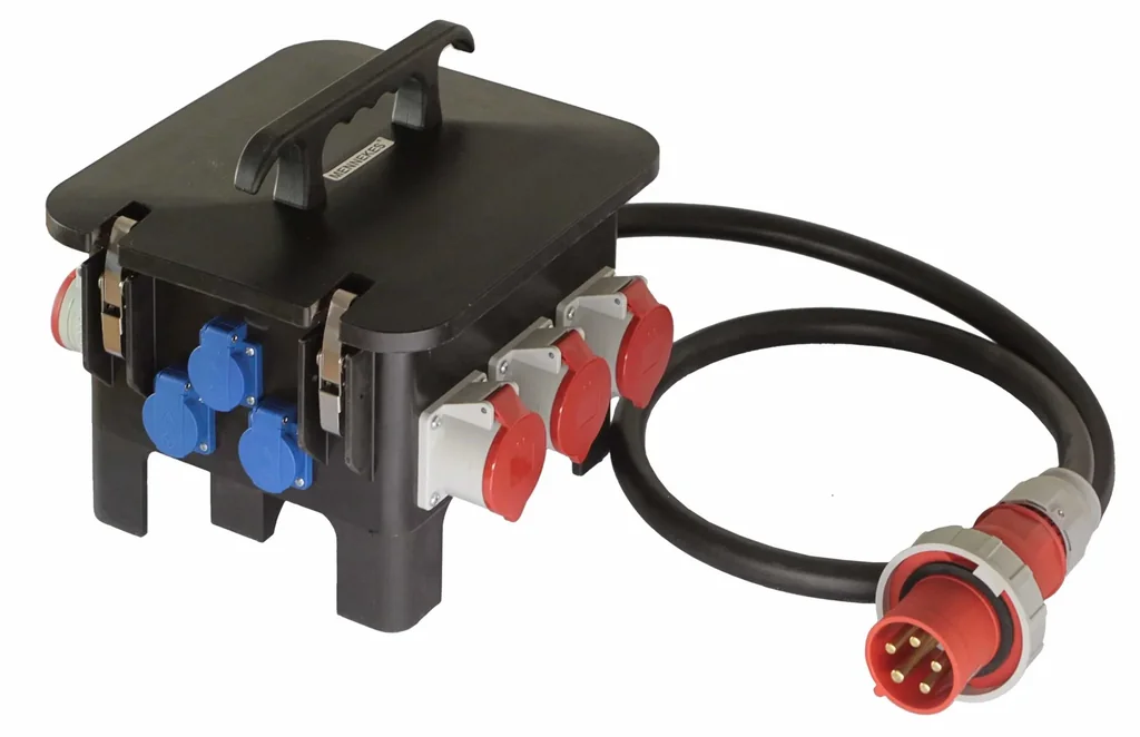 Construction site power distributor M6 connection CEE 400V, 63A, 3 sockets 230V, 3+3 CEE sockets 400V