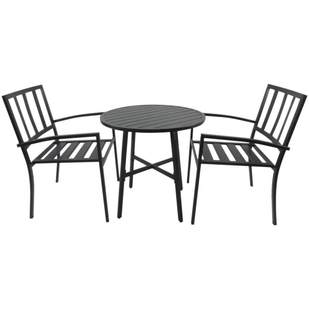 3-piece dining set, dining table set, round metal table, black with 1 table + 2 chairs