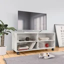 TV cabinet with castors 90x35x35 cm chipboard high gloss white