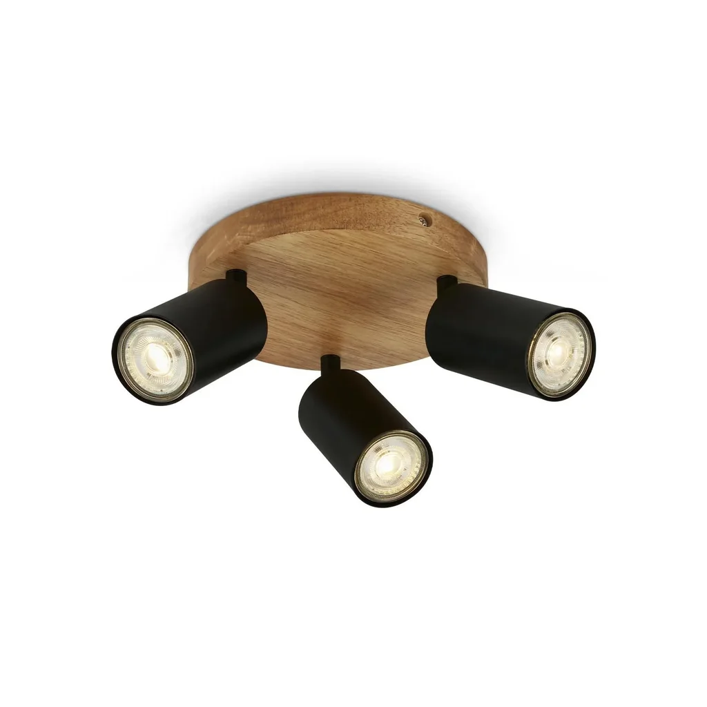 Vintage spotlight 3-bulb, black with wooden canopy, 3 x GU10 socket