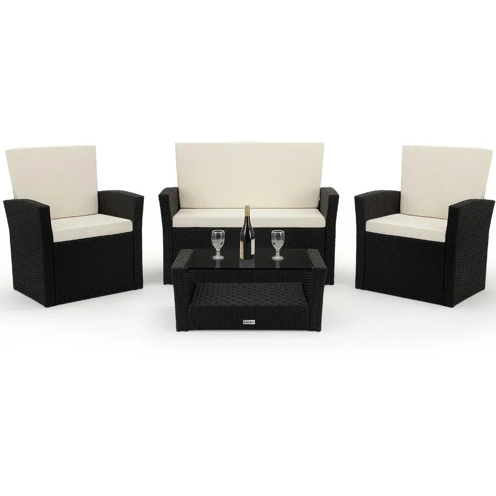 Polyrattan garden set - 10 pieces - black/cream