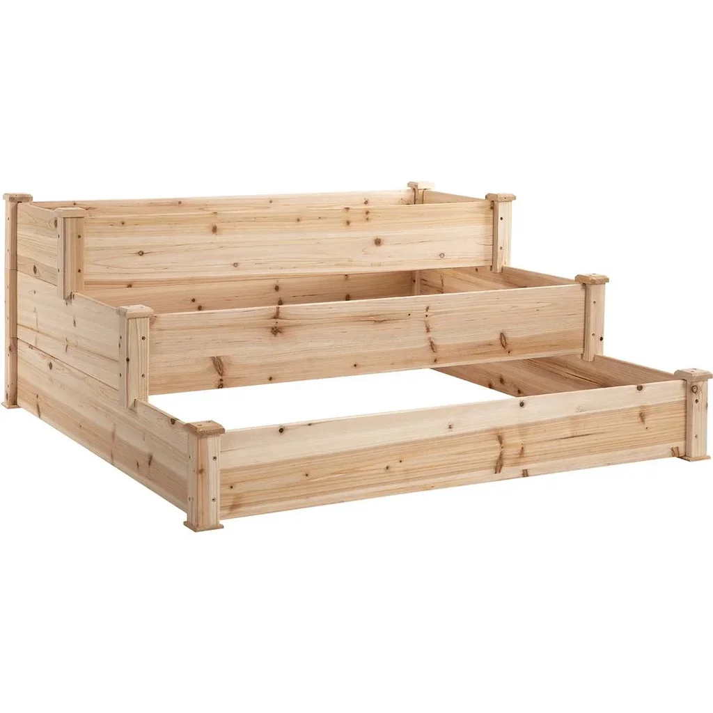 Raised bed 3-tiered garden bed plant bed herb bed flower stairs for balcony garden natural fir wood 124 x 124 x 56 c