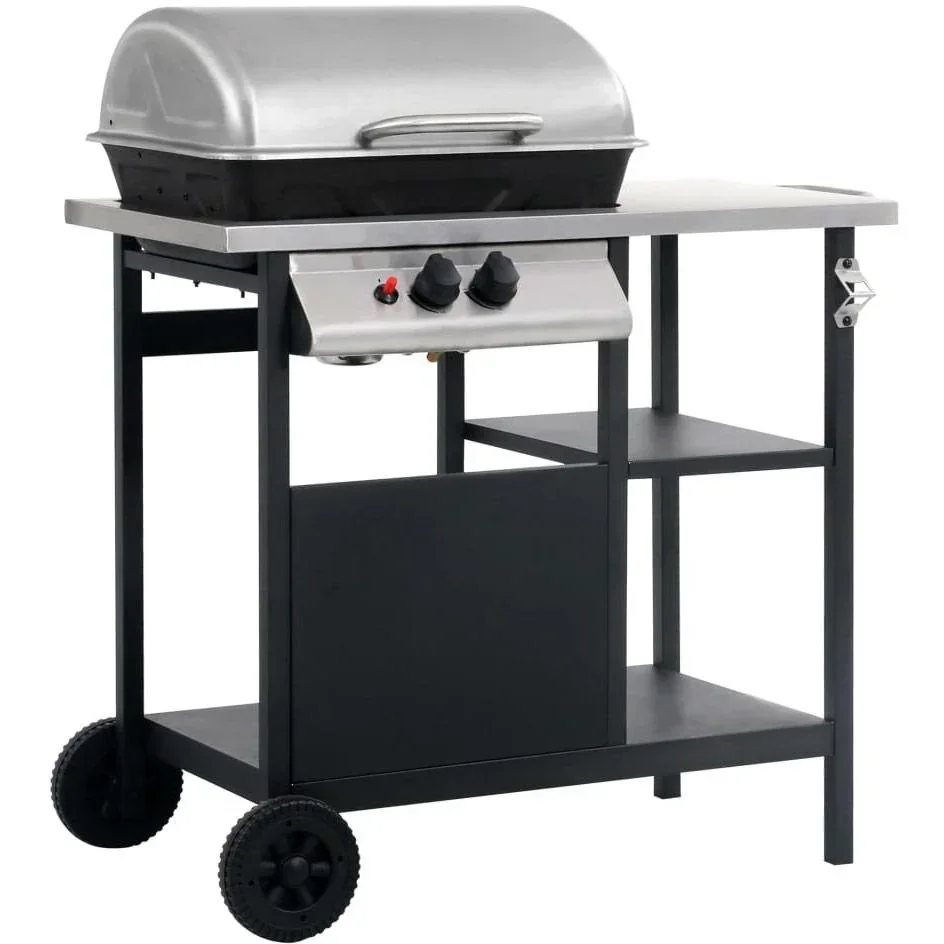 Gas grill with 3-tier side table black and silver