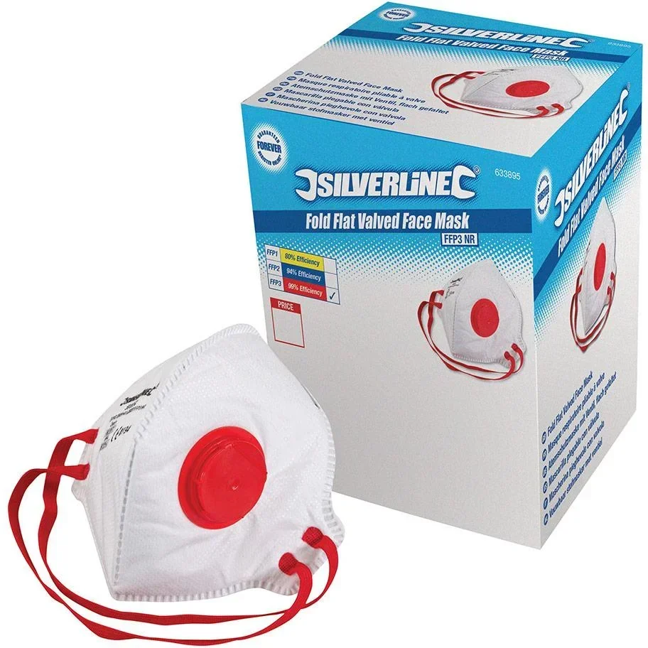 Flat foldable FFP3 dust mask with valve, disposable display box, 25 pcs. FFP3