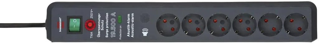 Secure-Tec 6-way power strip with 19,500A surge protection and acoustic warning signal, grey