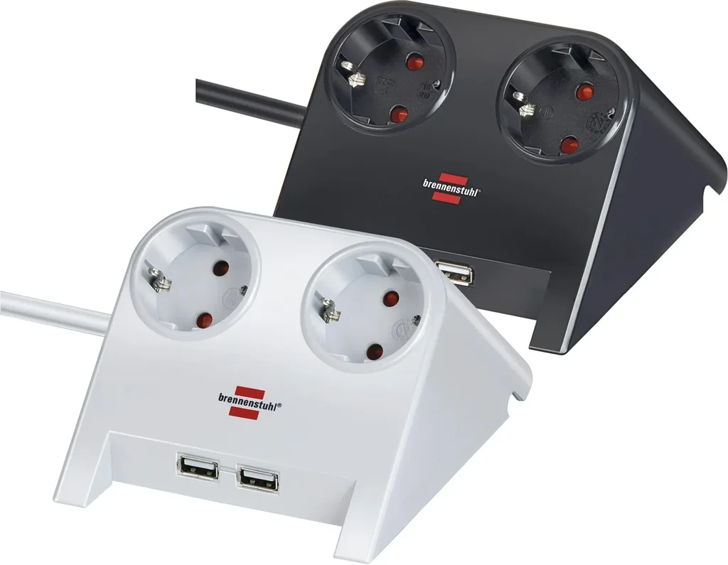 Power USB 2-way table socket with 2 USB charging ports in black