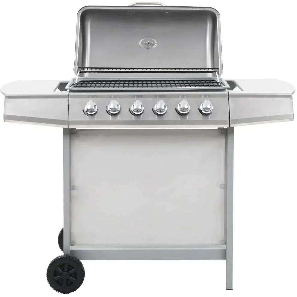 Gas grill with 6 cooking burners steel silver
