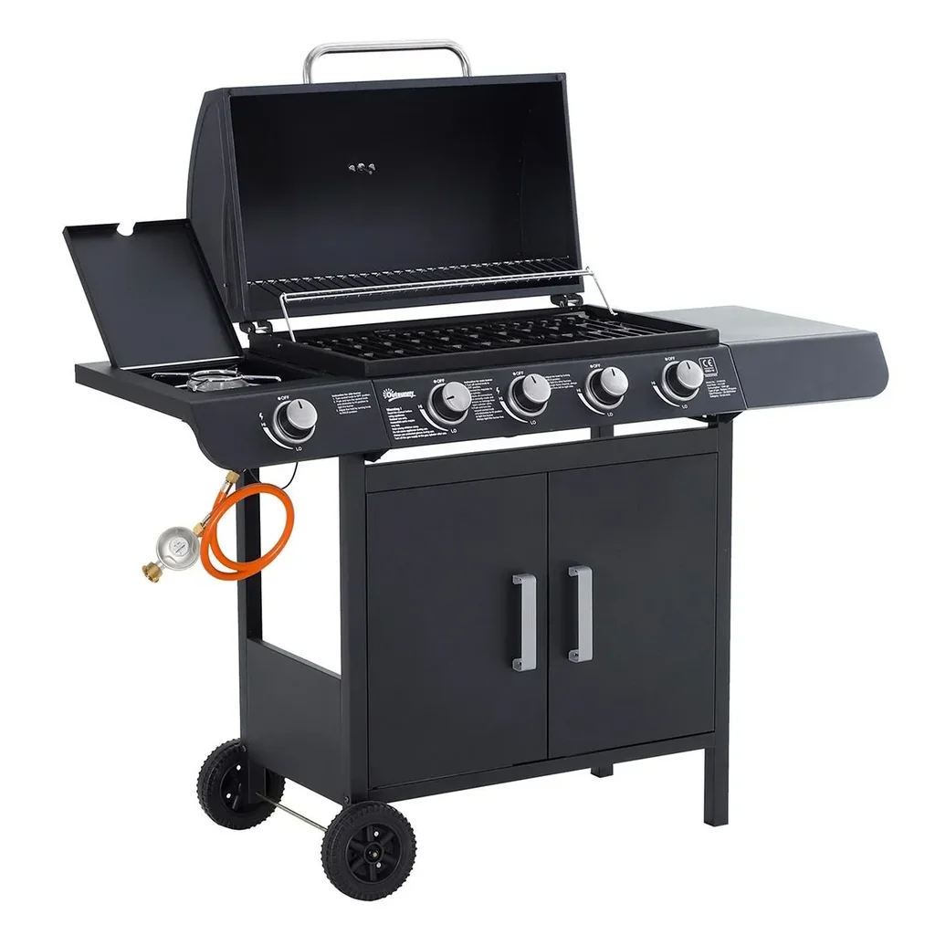 Gas grill BBQ grill cart with 4 burners 1 side burner cabinet multifunction metal black 125 x 51 x 100 cm