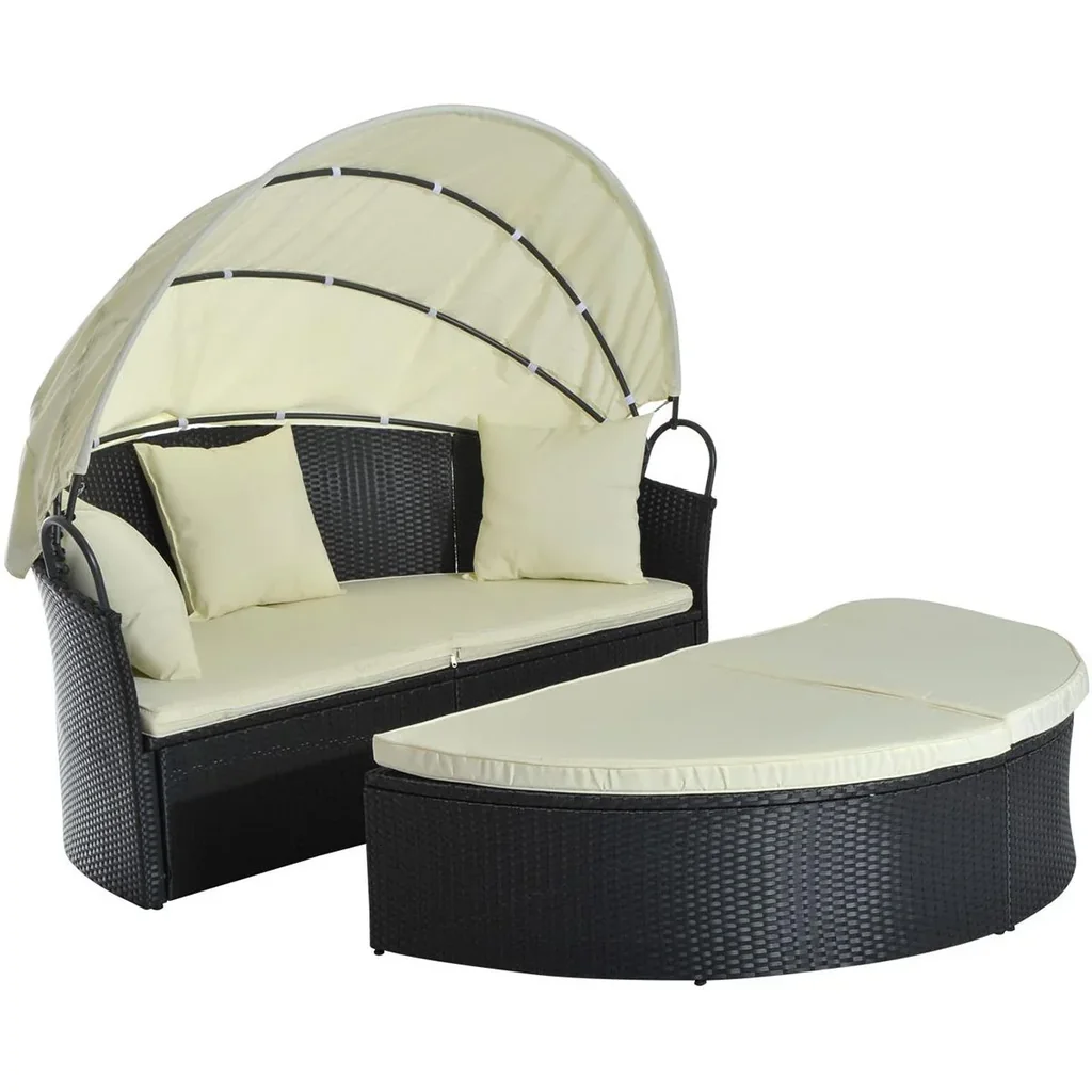 Rattan sun island including foldable roof black/cream white