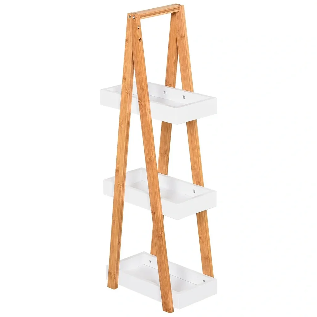 Bathroom shelf, 3-tier stair shelf, ladder shelf, bathroom, bamboo, white, 30 x 18 x 81 cm