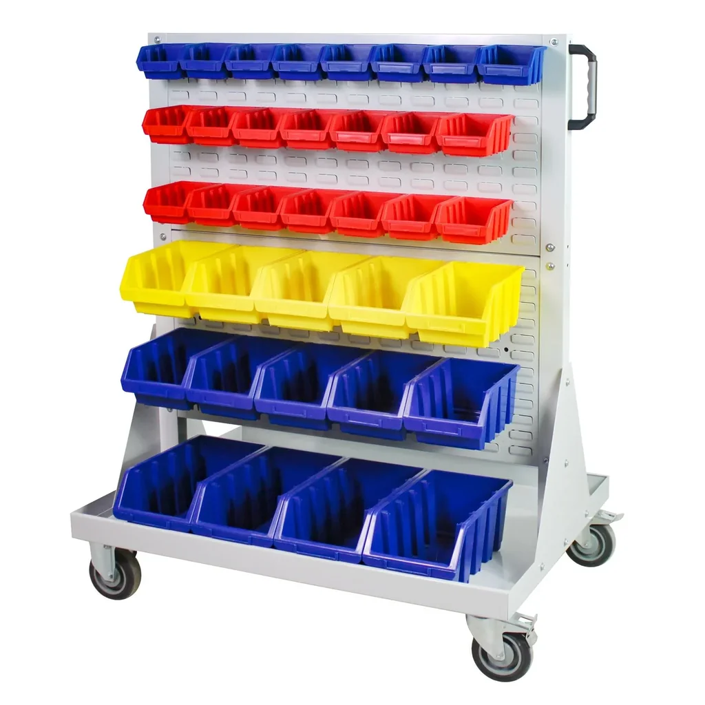 Trolley with open-fronted storage bins