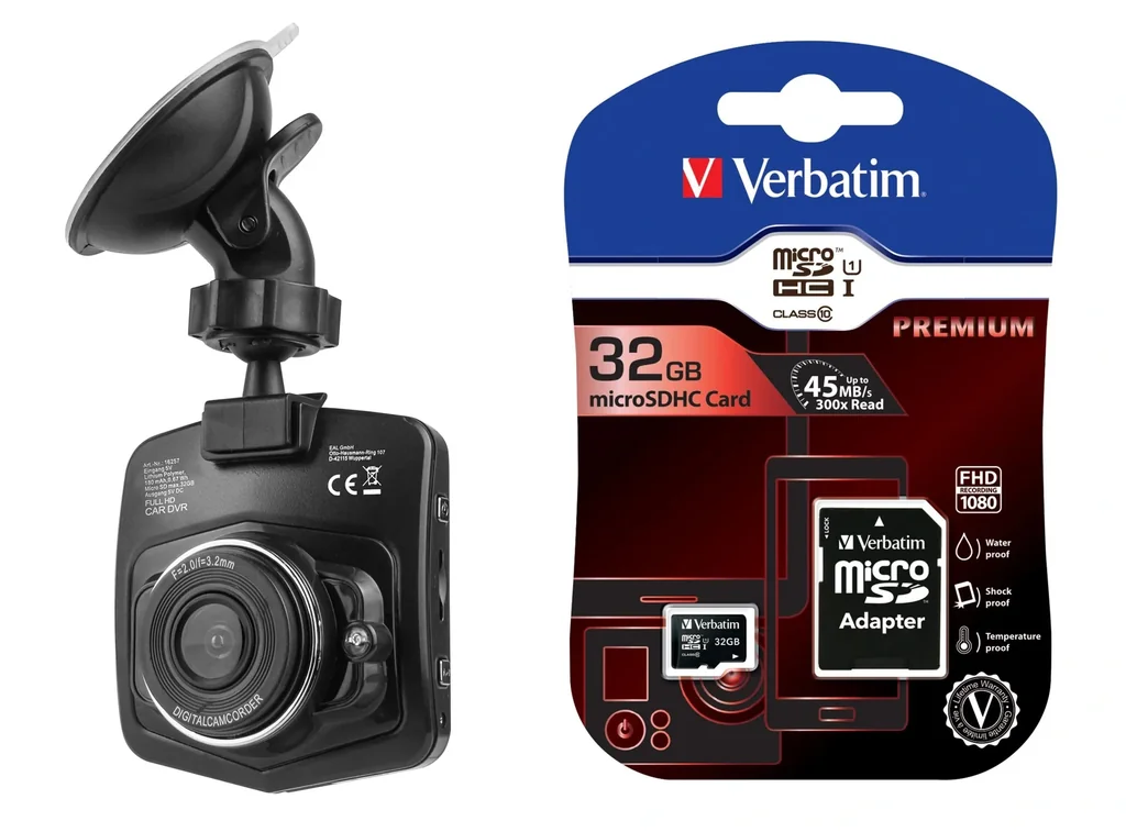 Car dashboard camera including 32 GB Micro SDHC memory card