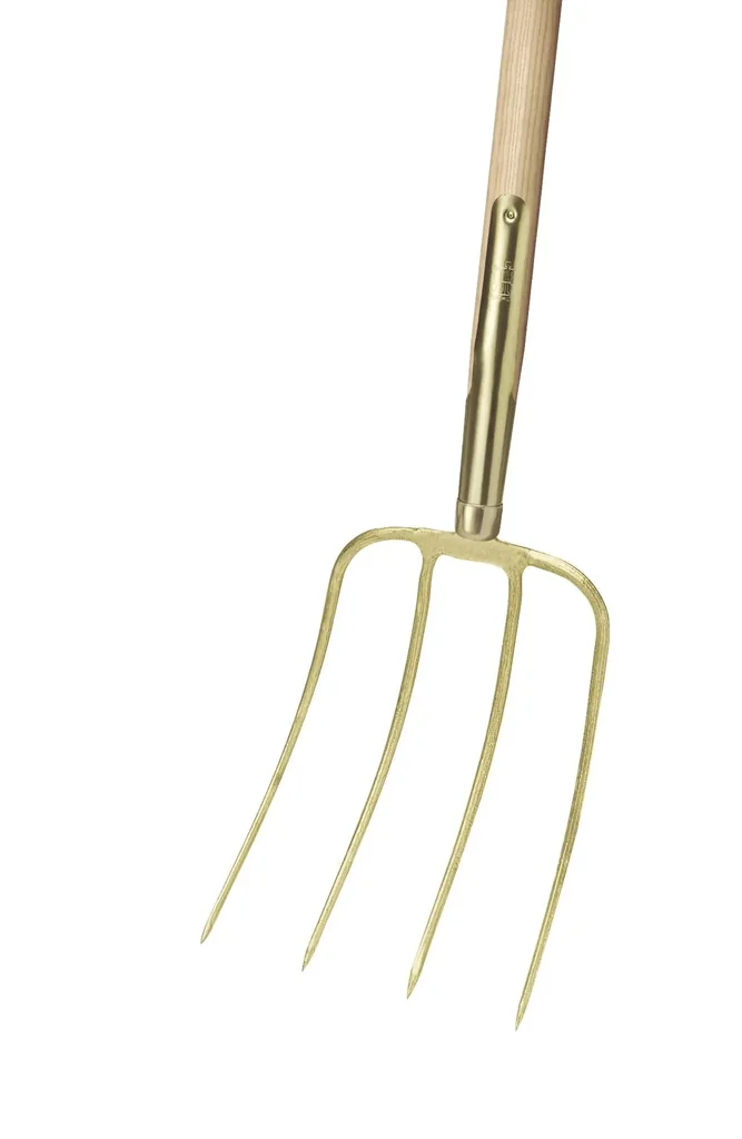 Manure fork, 4 prongs, Nord, gold-painted, rail clamp, ash long handle 135 cm