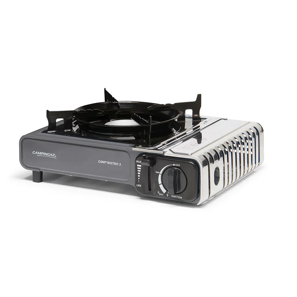 Camp'Bistro 3, camping stove 2,200 watts, piezo ignition, enamelled steel pot holder, including case