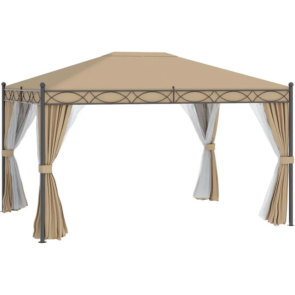 Gazebo with side walls and mosquito net, beige, 4 x 3 m