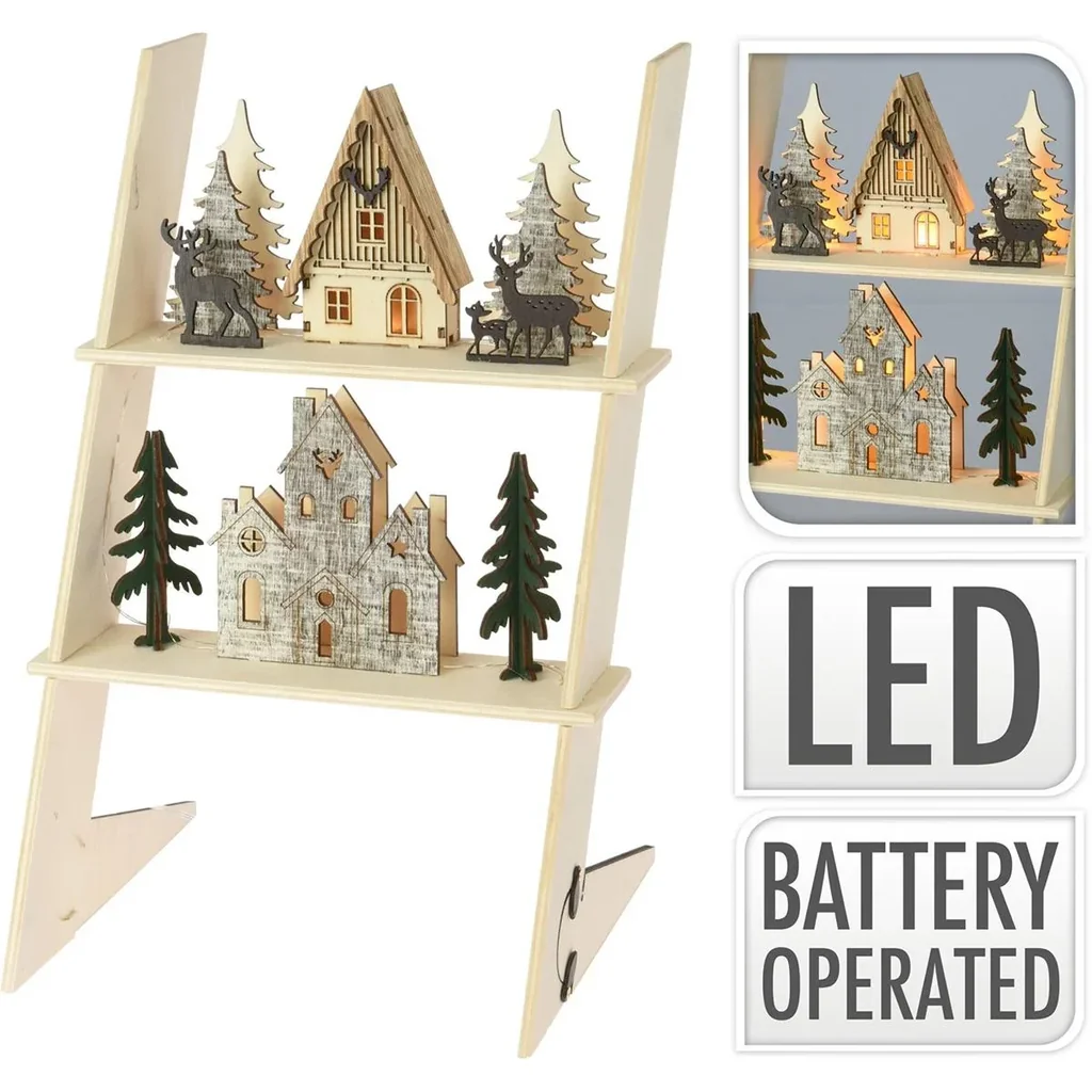Decorative ladder LED - with houses - 20 x 18 x 31cm