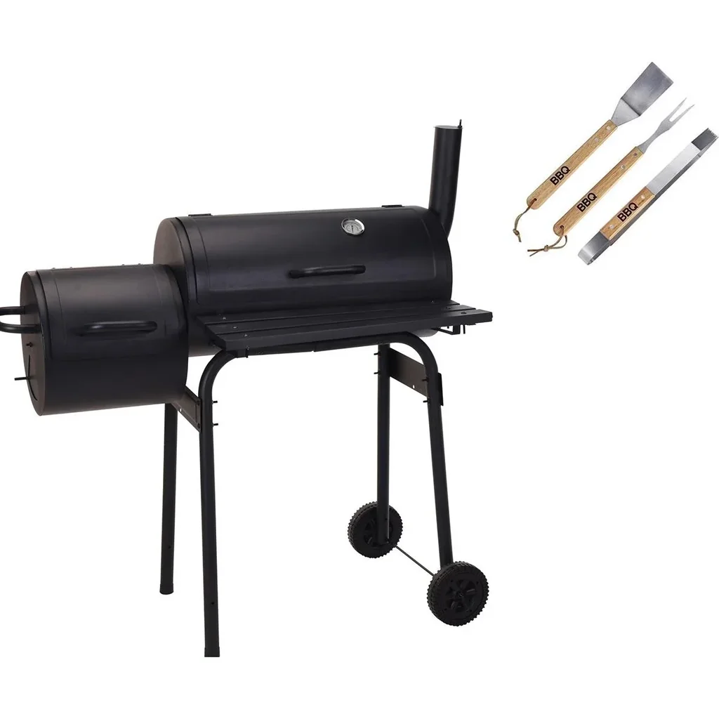BBQ Grill - Smoker black with thermostat and 3-piece BBQ tool set - Grill area 66 x 34 cm