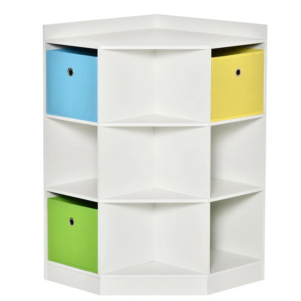 Children's shelf corner shelf with 3 storage boxes children's room toy storage for 3-12 year old children white 57.4 x 57.4 x 94 cm
