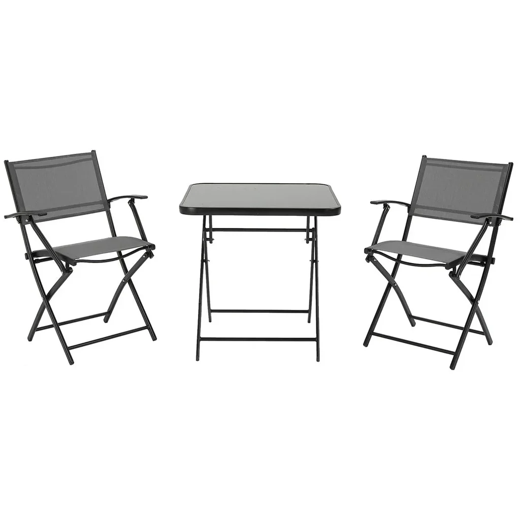 Folding seating group 3-piece balcony set balcony furniture 1 table + 2 chairs garden furniture set seating set metal mesh black + gray