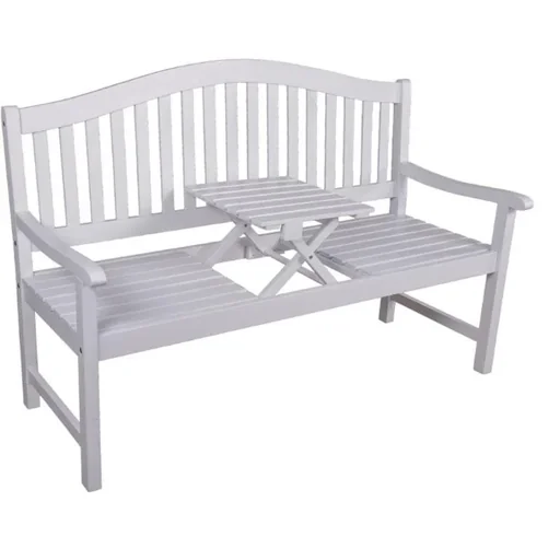 "SINGAPUR bench with fold-up table, Eucalyptus Grandis FSC 100% white washed image"