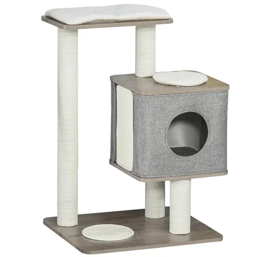 "Scratching post with removable cover cat cave cat tree climbing tree for cats E1 MDF linen jute brown+grey+white 65 x image"