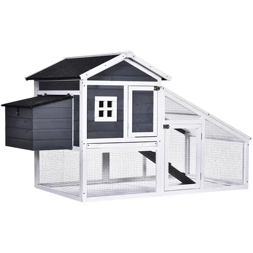 "Chicken coop with run, poultry house with perch, chicken cage, playpen, with nesting box, solid wood, grey, 175.4 x 95, image"