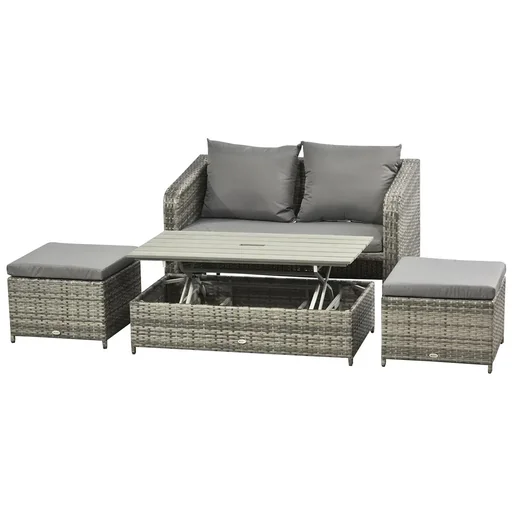 "Polyrattan seating set 4 pcs. seating group garden set double sofa with stool table sofa set garden furniture set lounge gray image"
