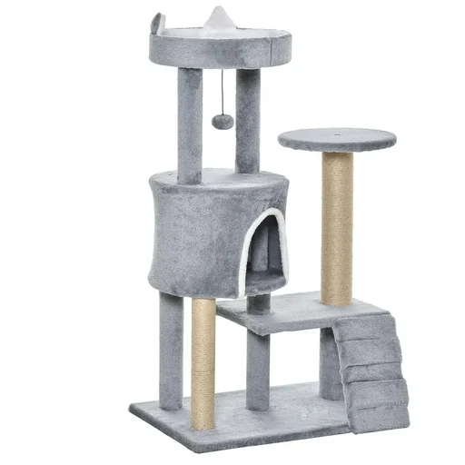 "Scratching post with cat cave ladder cat tree height 100 cm climbing tree for cats chipboard jute grey 60 x 40 x 100 cm image"