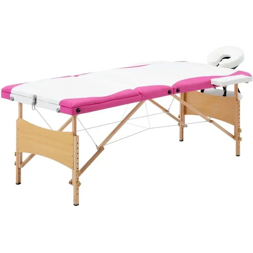 "Folding massage table with 3 zones wood white and pink image"