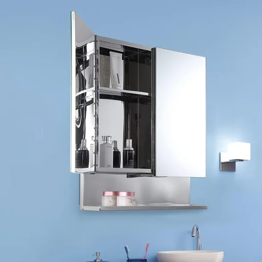 "Mirror cabinet glass cabinet with hooks bathroom cabinet wall mounting stainless steel silver W60 x H70 x D13 cm image"