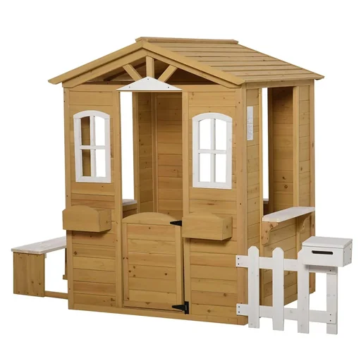 "Children's playhouse with window mailbox outdoor garden playhouse with flowerpot rack fence bench wooden playhouse fir wood Na image"