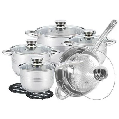 "Pots and pans - 12 pieces - With coasters and lids - Frying pan - Deep fryer - Stew pot - Silver image"