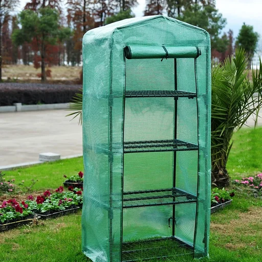 "Plant house greenhouse 4 shelves green image"